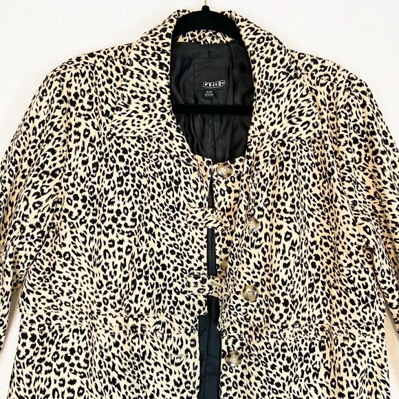 Volcom Jacket Women's XL Tan Black Trench Animal Print Mid Length Button Up - Picture 2 of 8